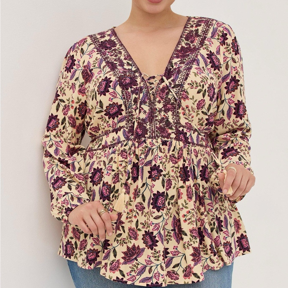 NWOT Torrid (6x/30) Floral Babydoll Tassel Boho Long Sleeve Top